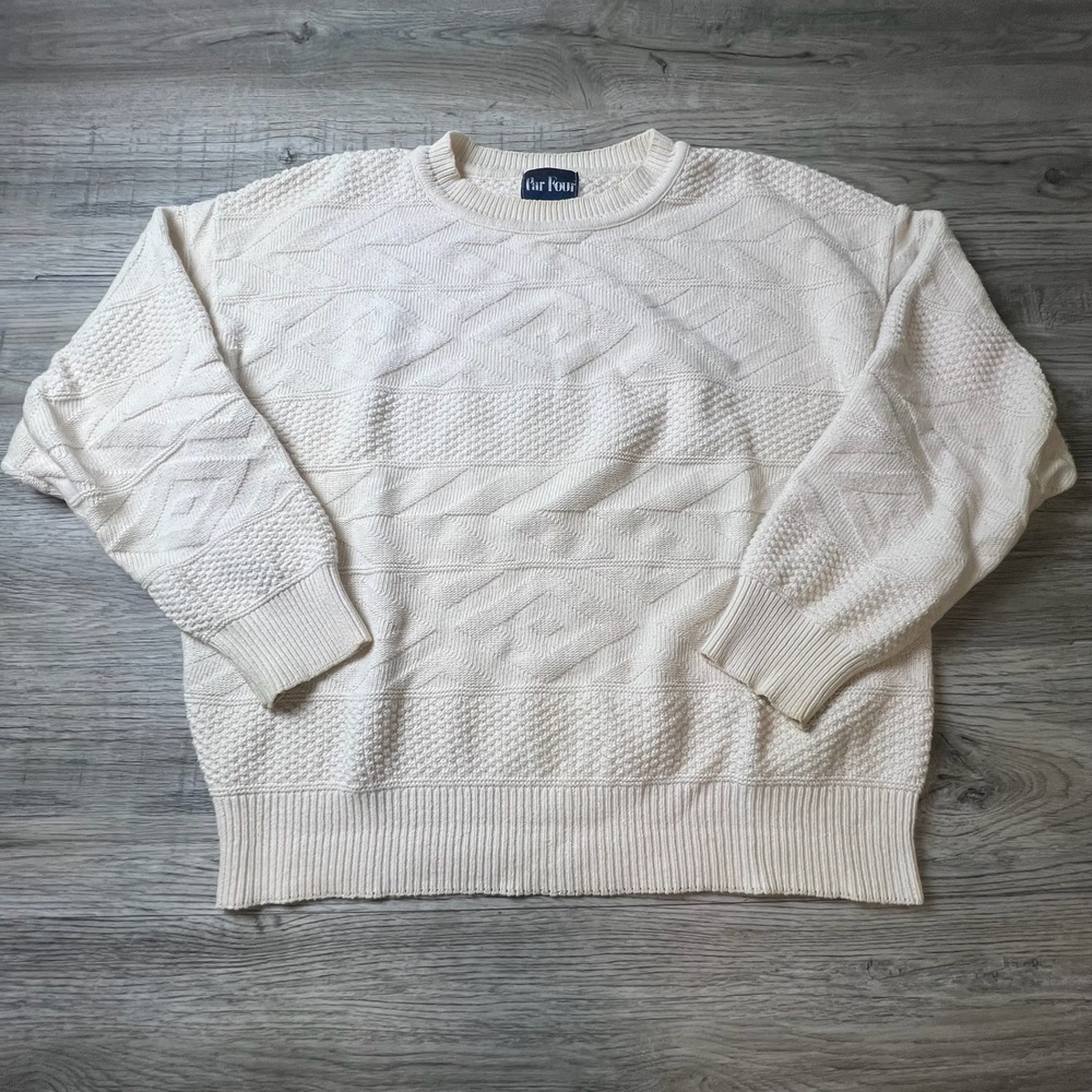 Par Four Sweater Mens XL Cream Cotton Textured Geometric Knit Vintage Made in US